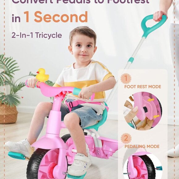 Kriddo 2 in 1 Kids Tricycle with Parent Push Handle Pink Aqua Toddler Bike - Picture 11 of 15